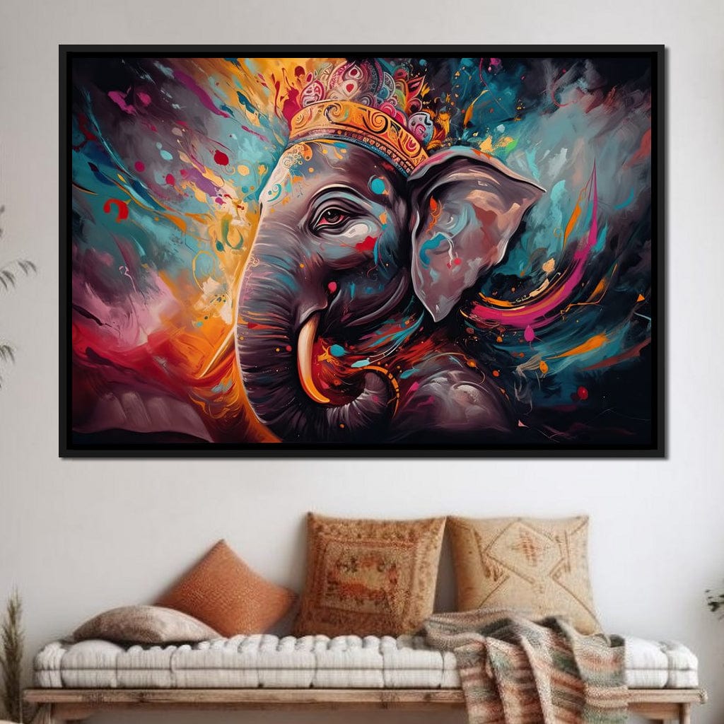 Ganesh Color Splash HinduOmDesigns Black Floating Frame / 30" x 20" Posters, Prints, & Visual Artwork hindu canvas wall art 3ERNCXLN