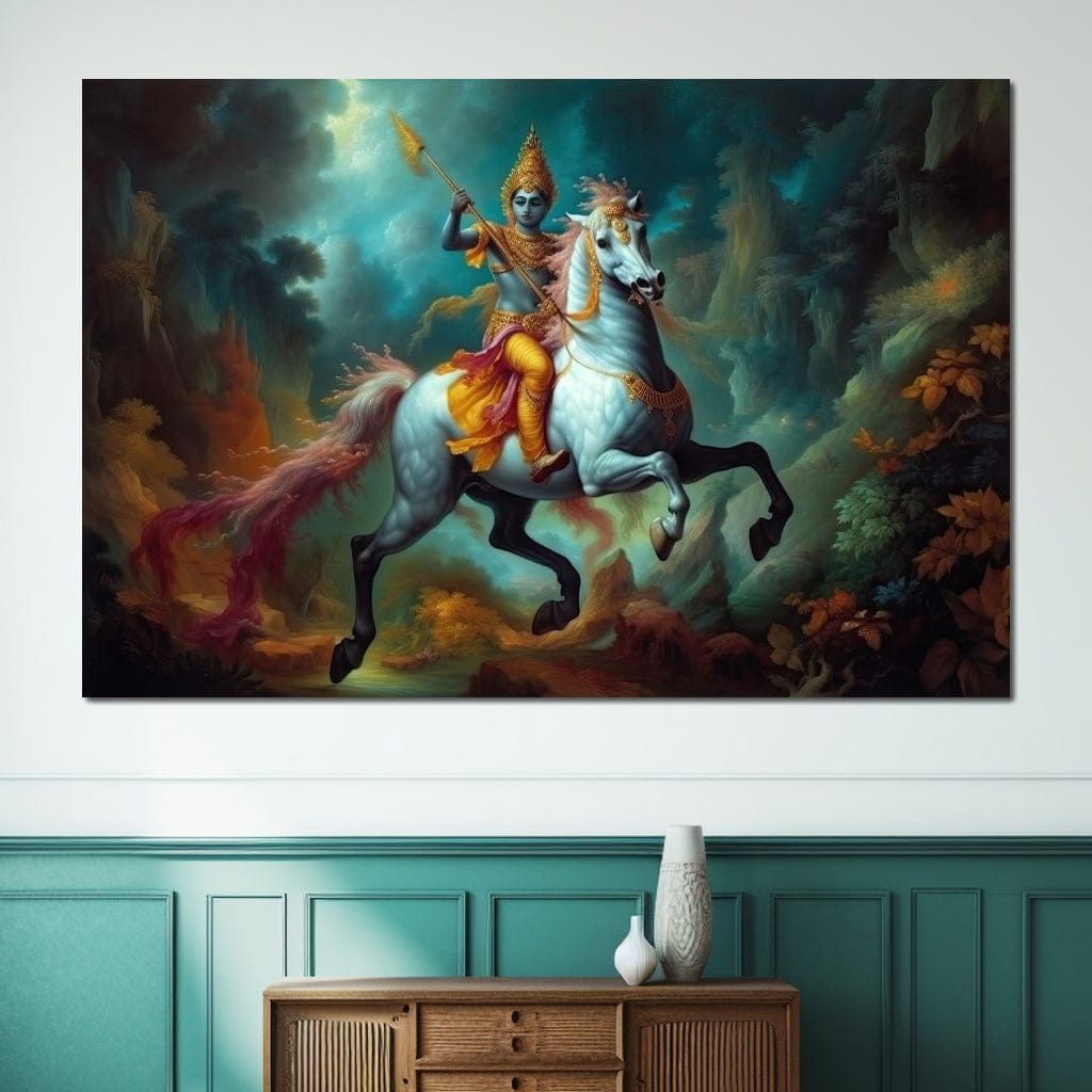 Krishna on a Horse HinduOmDesigns Gallery Wrap / 30" x 20" Posters, Prints, & Visual Artwork hindu canvas wall art ZNAAE6PW