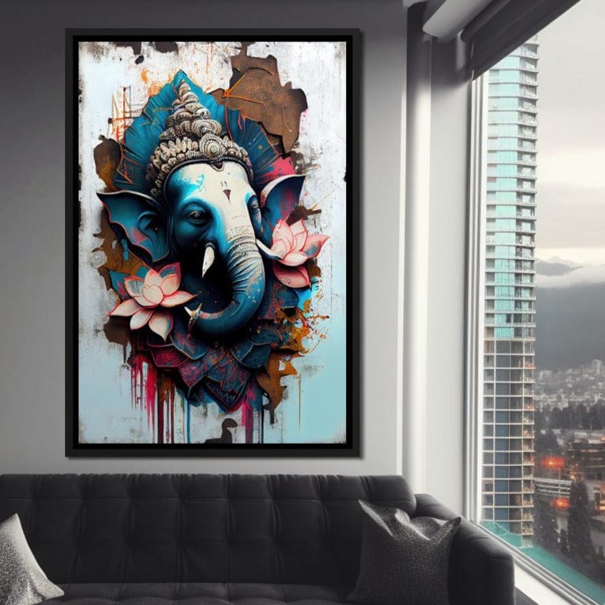 Blue Ganesh Portrait HinduOmDesigns Black Floating Frame / 20" x 30" Posters, Prints, & Visual Artwork hindu canvas wall art 28LZUT40