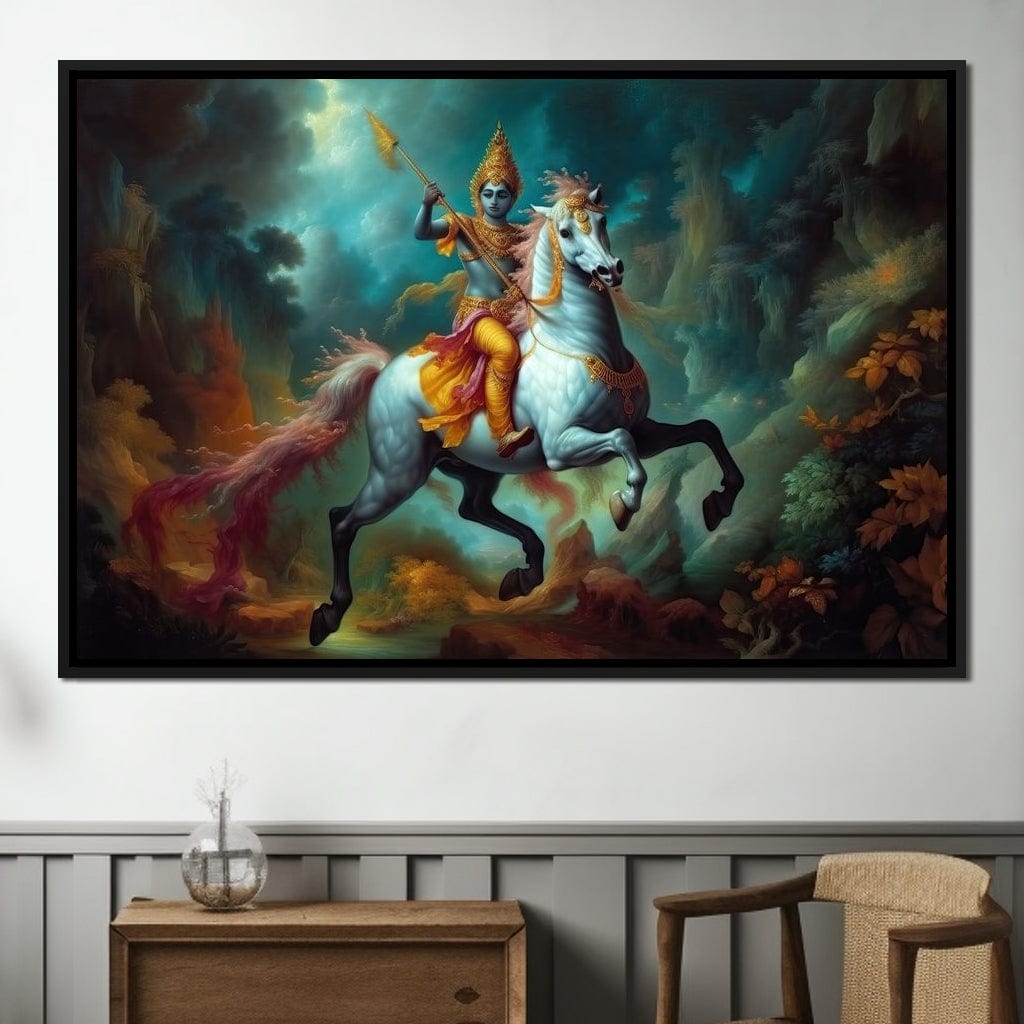 Krishna on a Horse HinduOmDesigns Black Floating Frame / 30" x 20" Posters, Prints, & Visual Artwork hindu canvas wall art M2MR4FZC